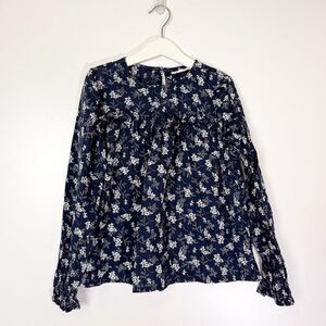 Mango Girls Floral Print Cotton Blouse Sz 9 Navy Blue and White